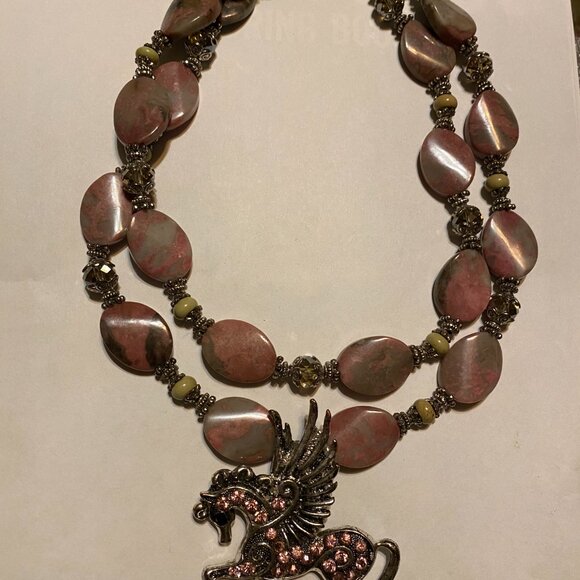Western Necklace - Chunky Pink w/rhinestone Pegasus horse pendant w/wings. Wow - Picture 8 of 9